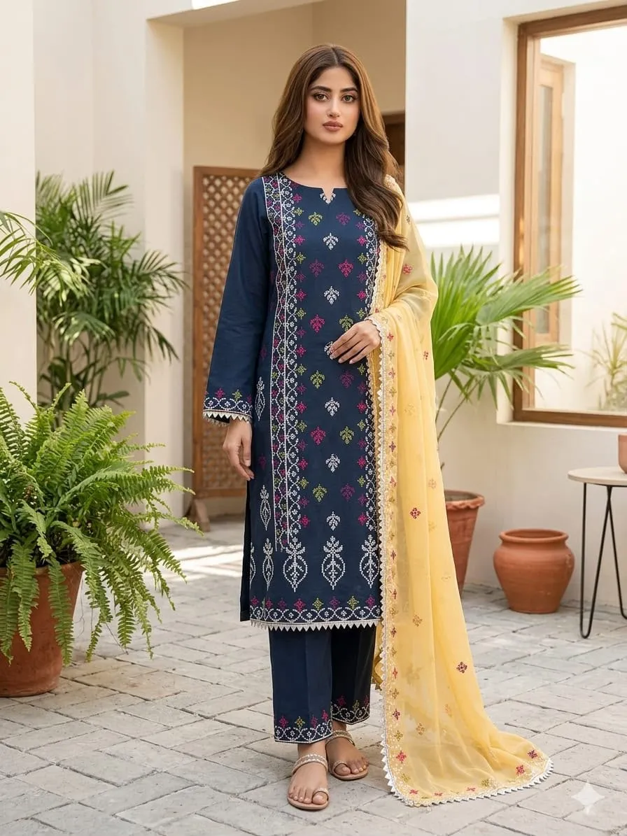 Cross Stitch Embroidered Lawn Cotton 3PC Suit 2026 | Eid Traditional Collection