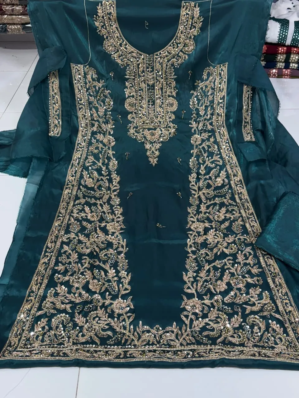 Korean Silk Nakshi Dabka 4PC Suit 2026 | Crystal Work Party Wear Collection