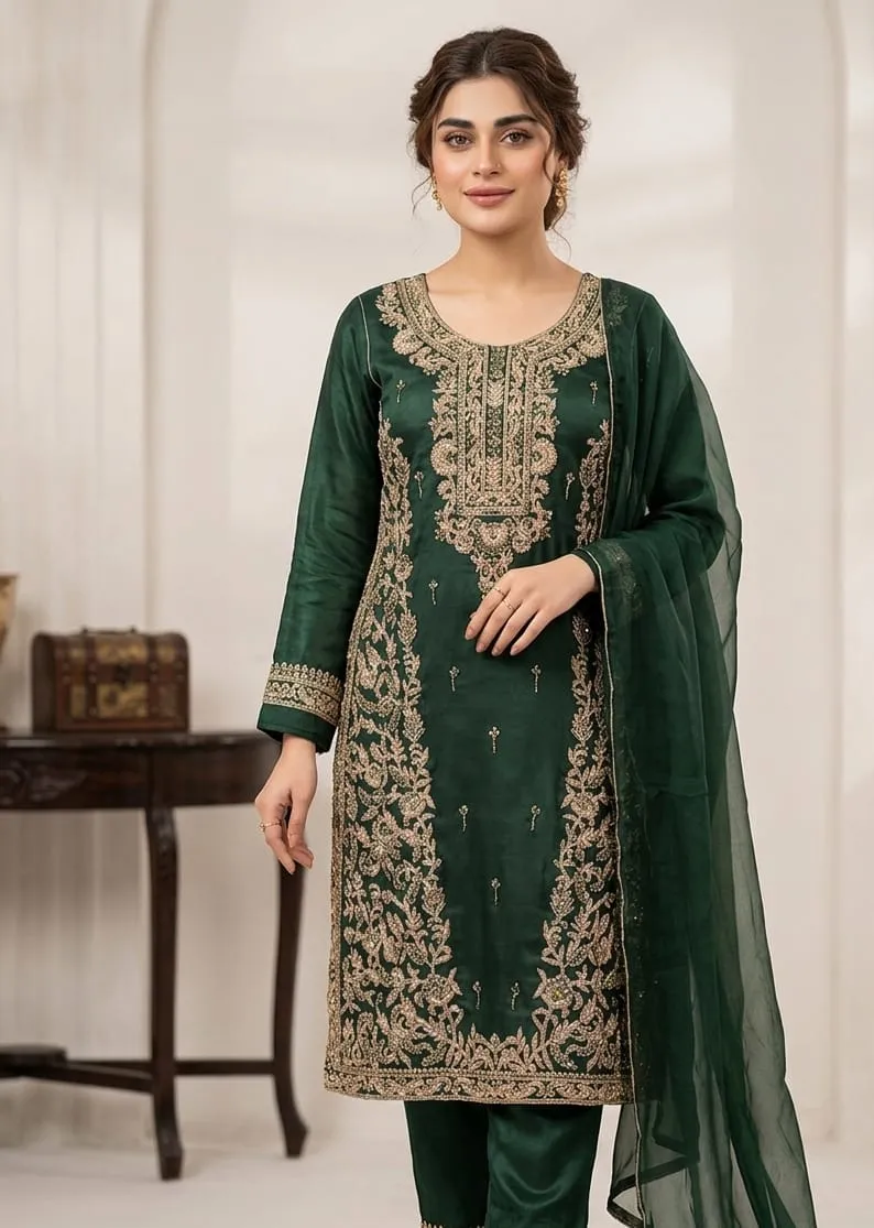 Korean Silk Nakshi Dabka 4PC Suit 2026 | Crystal Work Party Wear Collection