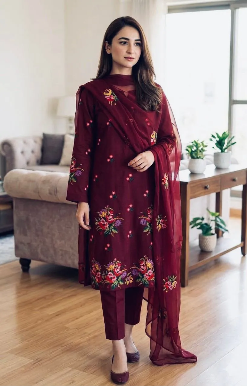 Multi Embroidered Lawn Cotton 3PC Suit | Unstitched Premium Cross Stitch Collection