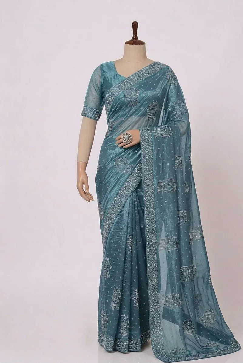 Korean Silk 4 Cut Stone Work Saree – Unstitched 7.5 Yard with Blouse & Sleeves