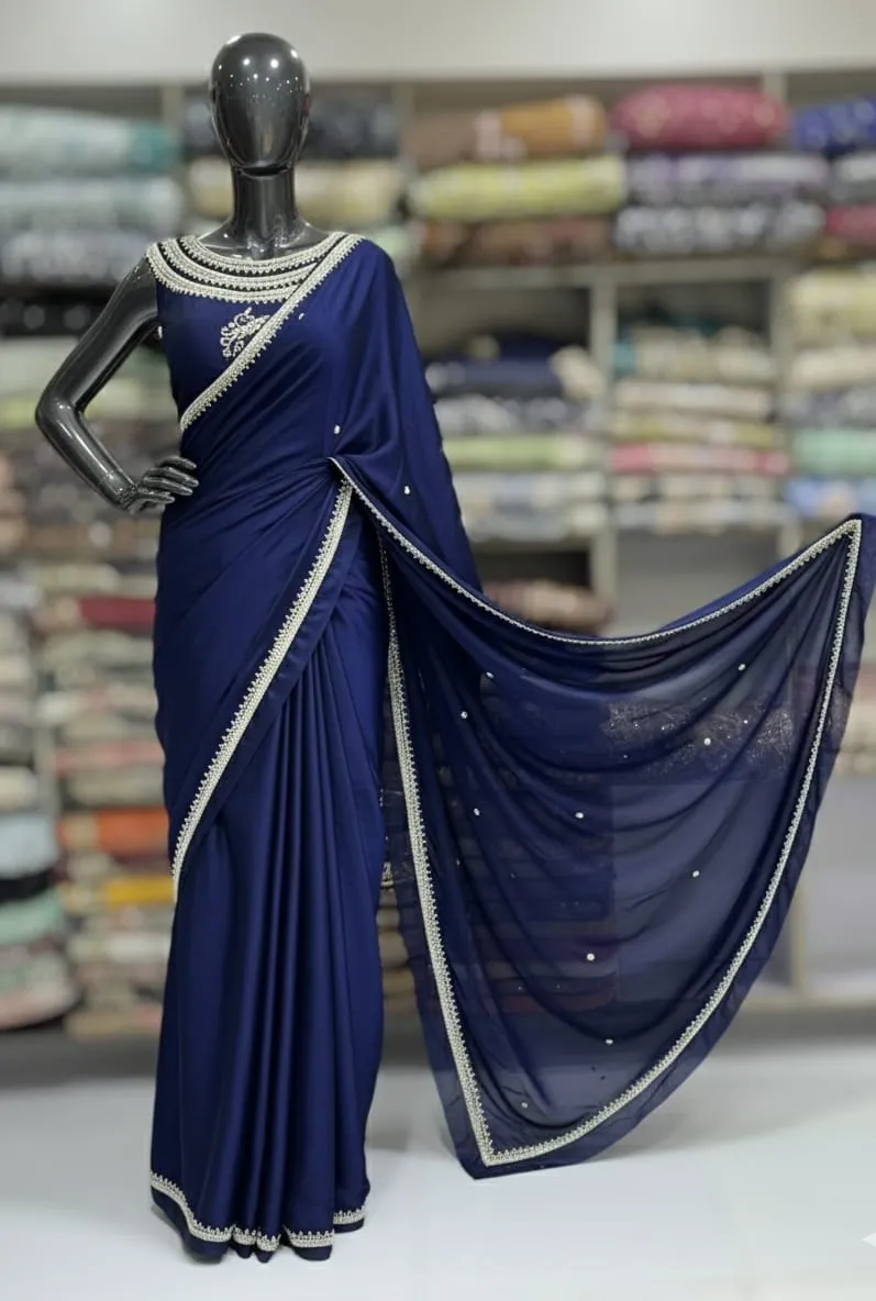 Short Silk Pearl Stone Work Saree with Heavy Neck | Unstitched 7.5 Yard