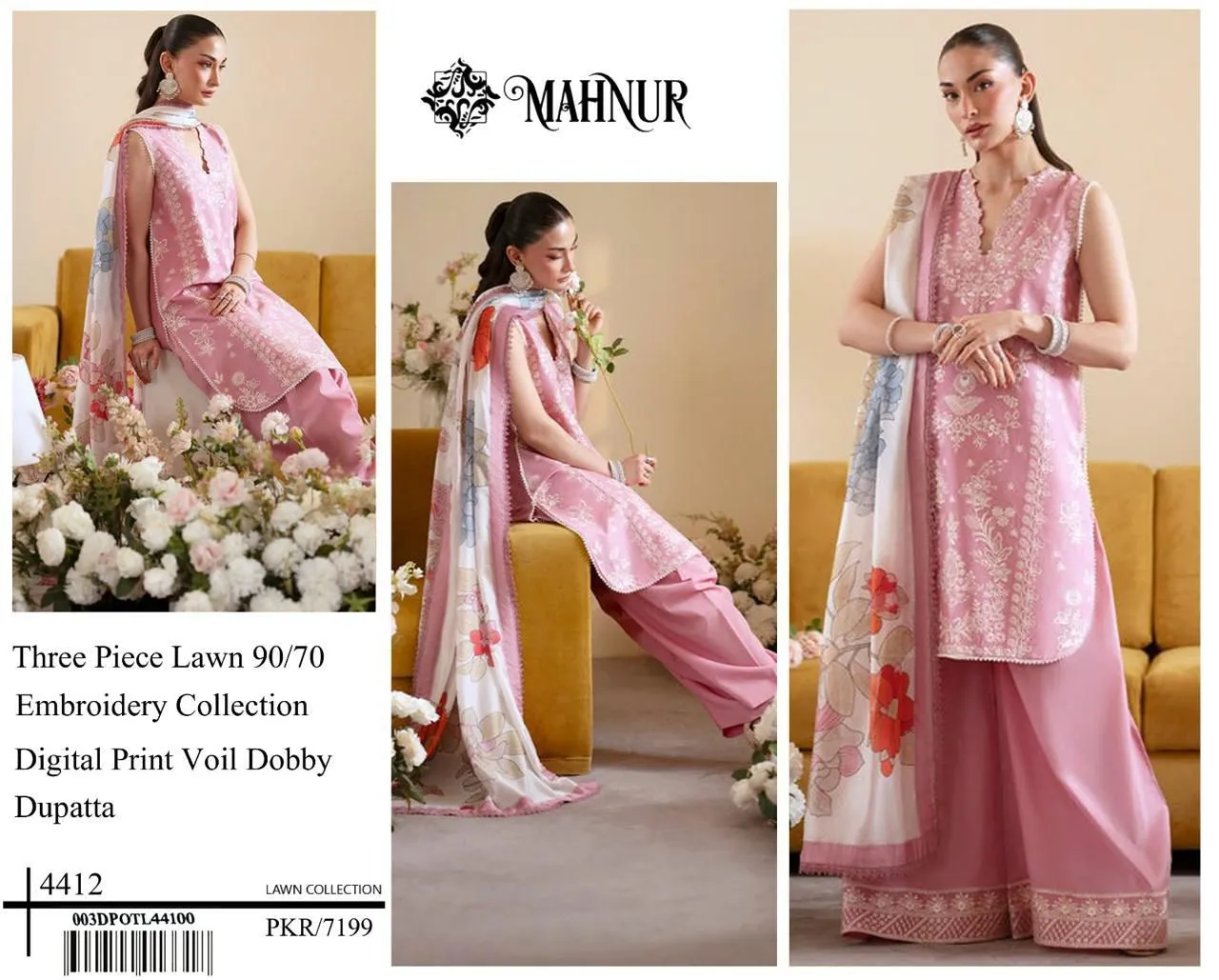 Mahnur Embroidered Lawn 3PC Suit 2026 | Digital Voil Dobby Dupatta Collection