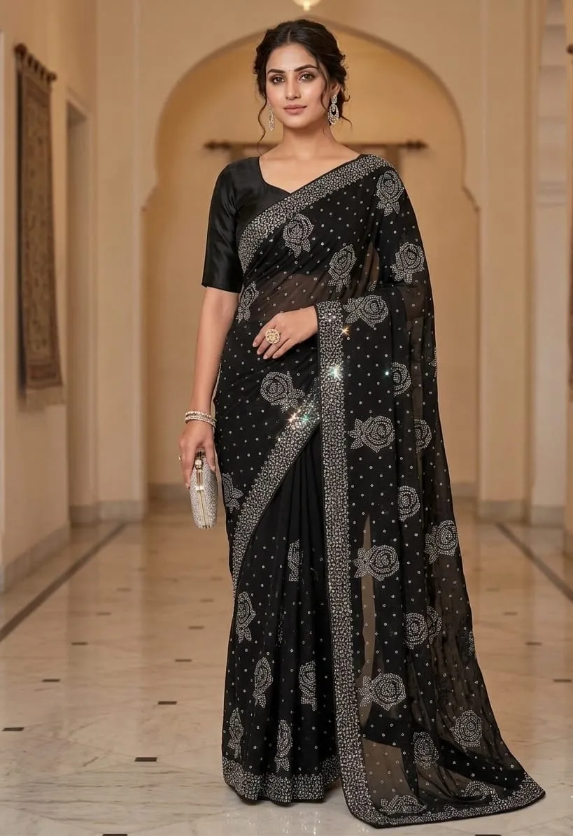 Korean Silk Stone Work Saree | Unstitched 7.5 Yard Collection