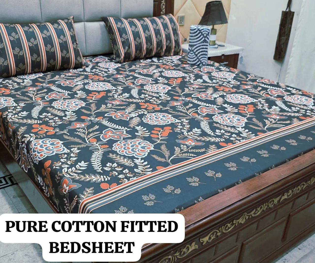 Pure Cotton Fitted Bedsheet | King Size 3 Piece Set